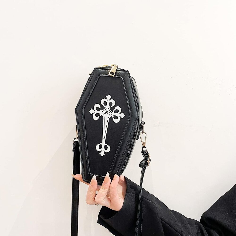 Gothic PU Leather Bag Women’s Crossbody Coffin Shape Bag Cell Phone Purse Small - Picture 7 of 7